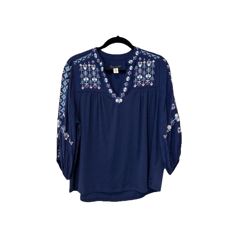 Napa Valley Embroidered Blouse Womens Petite L Blue Boho V-Neck 3/4 Sleeve